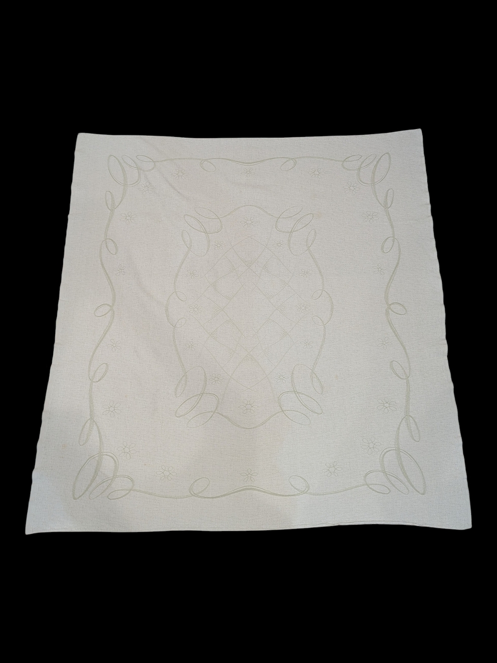 MCM 50s Textured Embroidered Green Trellis Swirl Cloth Tablecloth & 6 Napkin Set